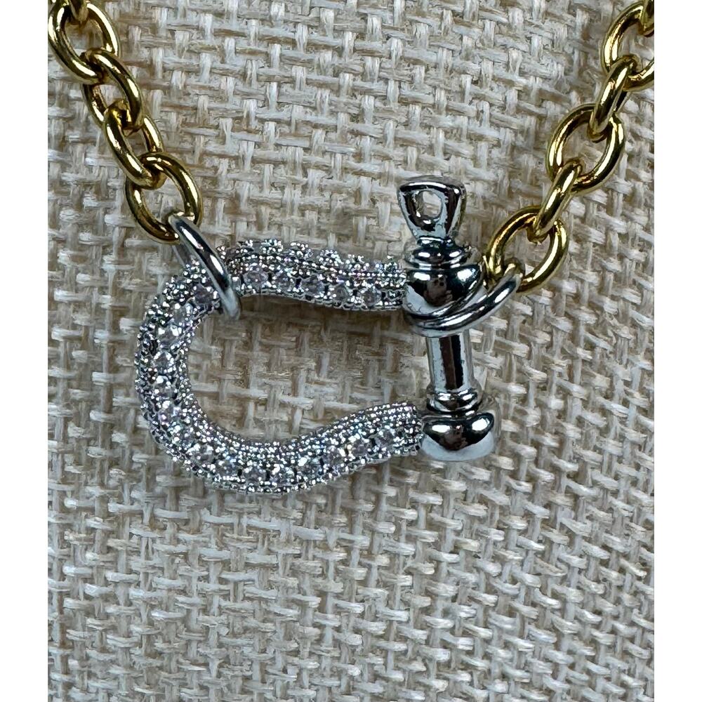 18K Gold Plated Pavé Horseshoe Clasp Necklace Two Tone Chain